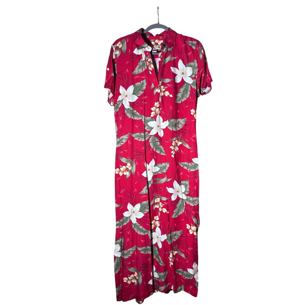 Caribbean‎ Joe Red Tropical Floral Rayon Maxi Dress Womens Large Hawaiian Aloha